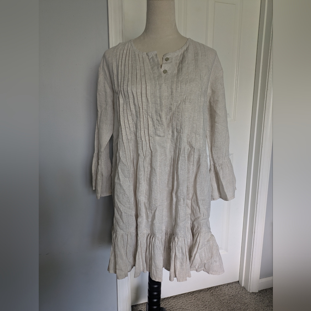 Light Beige Pintuck Linen Midi Dress